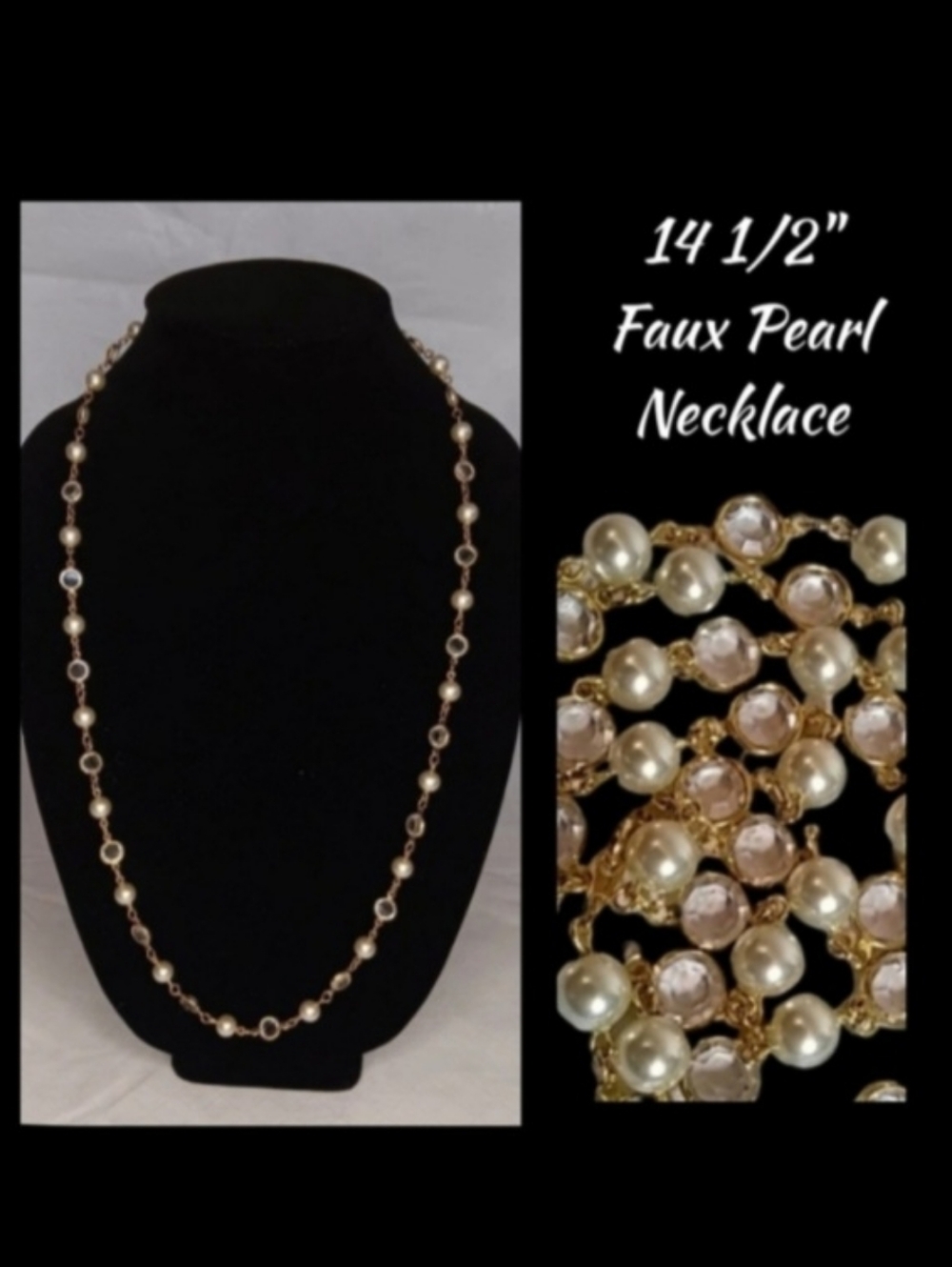 Vintage Long Faux Pearl & Crystal Gold-Tone Necklace | EUC